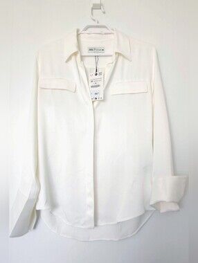 Zara 100% Viscose Satin Hidden Button Blouse White (Size M)